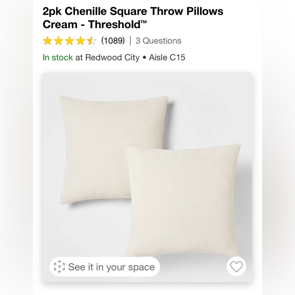 Target brand white chenille throw pillows, 2 pack